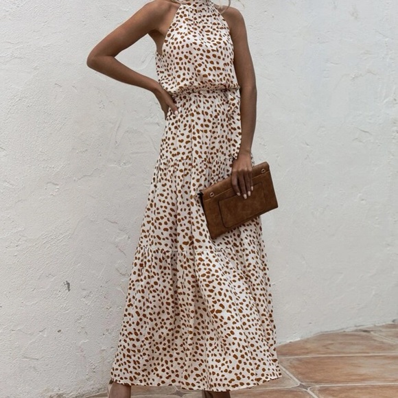 Boho cream brown halter dot belted maxi dress - Picture 6 of 8